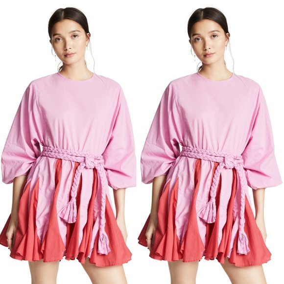 Rhode Resort Ella Blouson Mini Dress Flared Colorblock Rope Waist Tie Pink Red - Picture 1 of 8